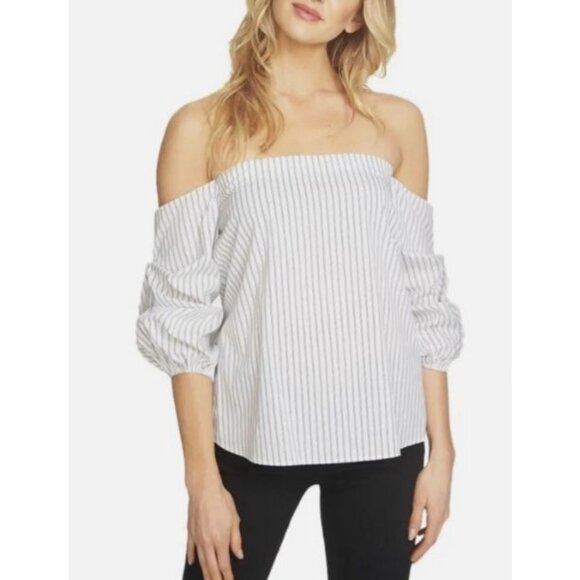 1.State Womens White Striped Off-The-Shoulder Ruched Sleeve Size Small - Picture 1 of 6